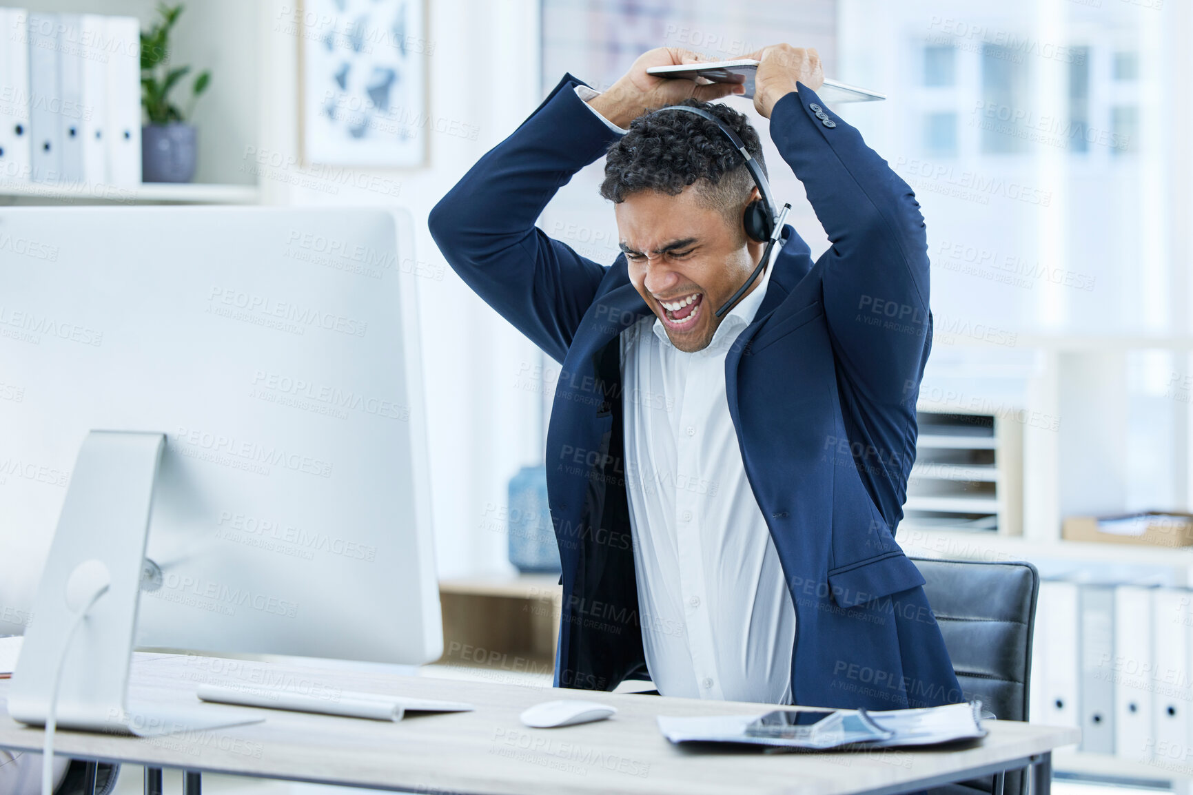 Buy stock photo Stress, angry or shouting call center businessman breaking computer keyboard in crm consulting fail, sales deal risk or 404 glitch. Mad, screaming or crazy customer support agent in technology smash