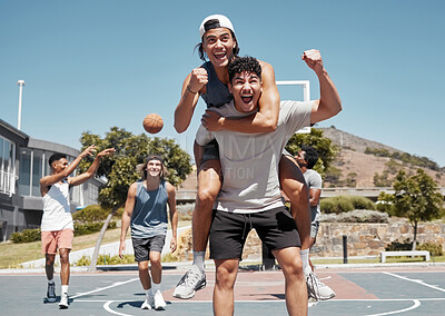 Buy stock photo Basketball, celebrate win and sport with team, success on basketball court, winner and fitness training. Young, strong and exercise outdoor with teamwork, athlete celebrating and diversity in sports.