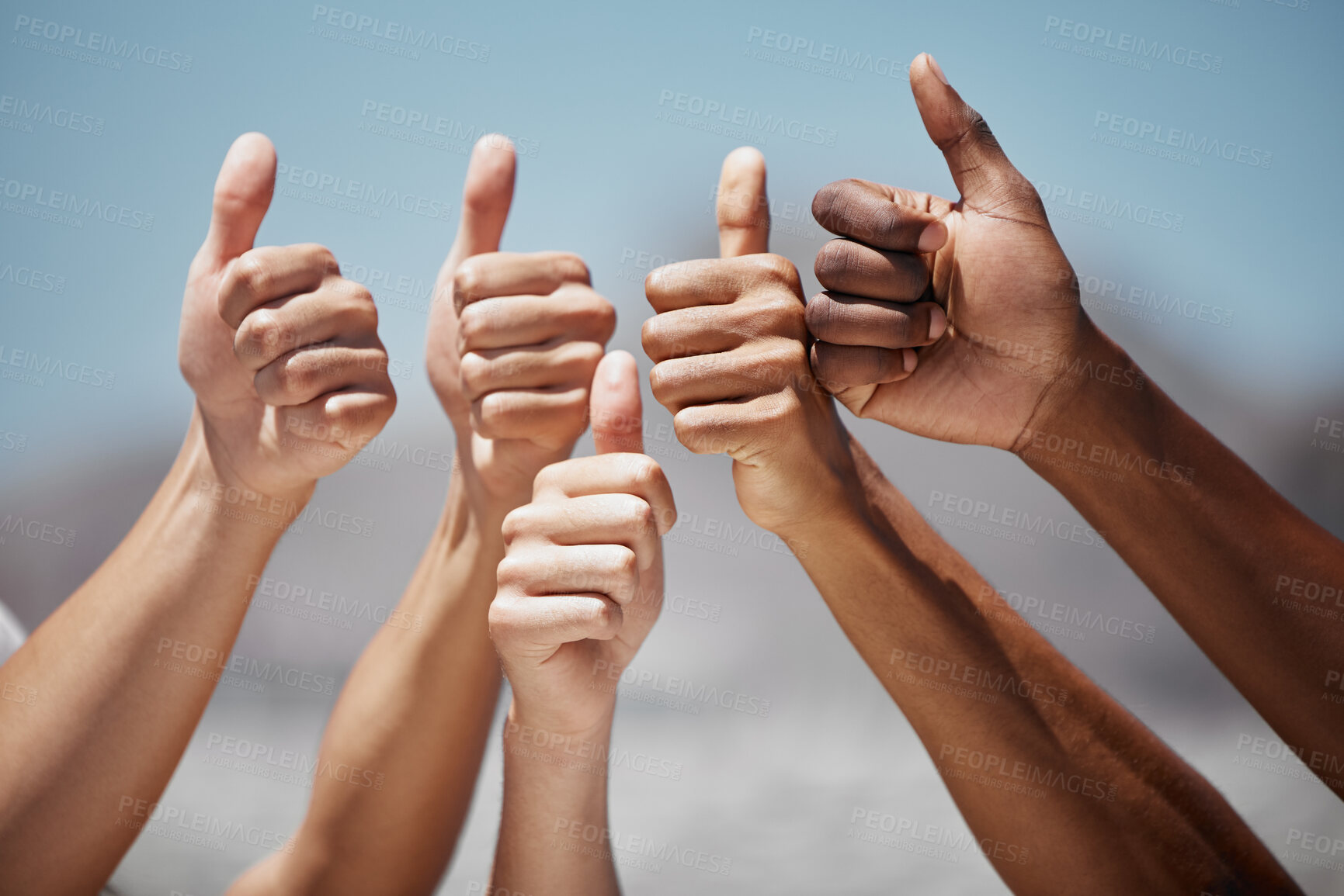 Buy stock photo Thumbs up, hands and community fo people, friends or team together for motivation, thank you and support for vote outdoor. Group of men and women together for yes sign review for teamwork and success