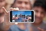 Hands, phone and team selfie for social media, capture or picture moments for friendship together in the outdoors. Hand of man taking group photo for sports vacation or social trip on smartphone