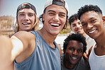 Summer, students and happy selfie with friends together on outdoor holiday break adventure. Gen Z, smile and happiness in interracial friendship with men enjoying vacation in Los Angeles.
