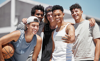 Buy stock photo Basketball, phone and smile for team selfie in sports, exercise or workout together in the outdoors. Happy group of friends in sport fitness, smiling for photo on mobile smartphone on the ball court