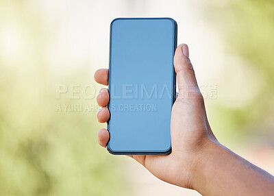 Buy stock photo Smartphone, screen mock up and hand in nature for mobile app, social media or website advertising, marketing or product placement. Holding phone for internet travel mock up, 5g network or ux design