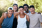 Men, laughing and bonding on sports court in fitness, workout or training for community game, match and competition. Portrait, smile and happy exercise friends, people and students in team diversity