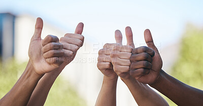 Buy stock photo Thumbs up group sport, team support outdoor and diversity solidarity in sunshine together for goal. Sports hands teamwork, people winner collaboration and motivation for success in competition game