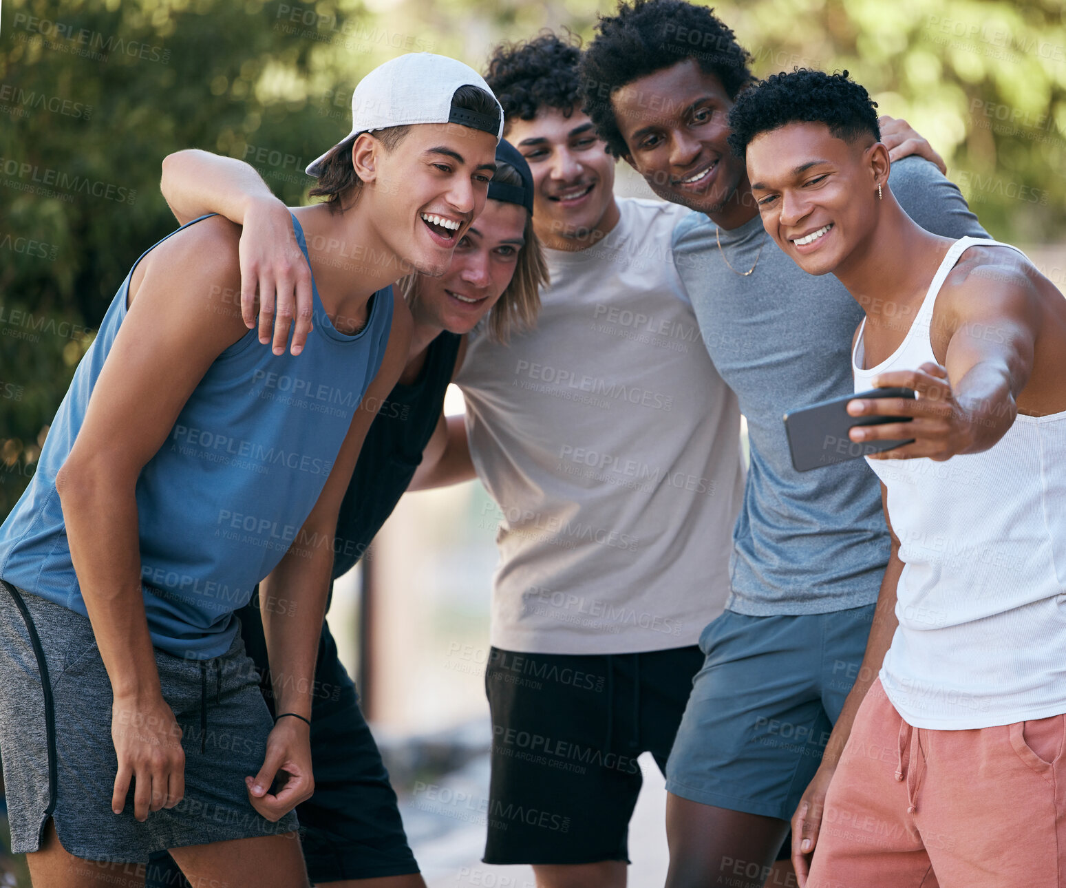 Buy stock photo Selfie, sports and friends group with smartphone for fitness teamwork, collaboration and social media networking update in park court. Athlete, training and people or men in cellphone photography app