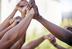 Diversity, holding hands and support with solidarity and prayer circle outdoor together. Group hands in air, motivation and team building for collaboration help, trust and friends hope for community.