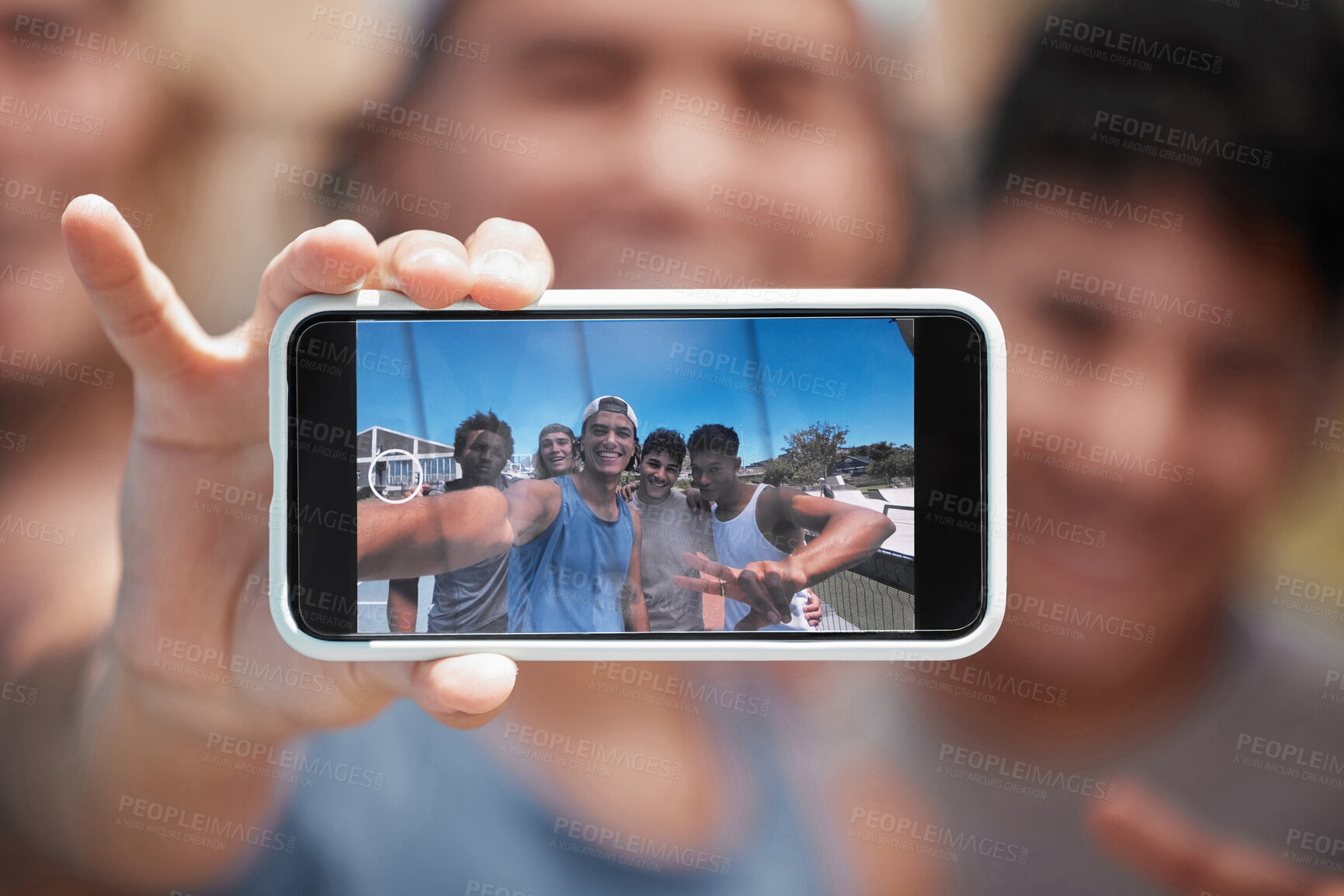 Buy stock photo Phone, friends and selfie with a man group on a screen, posing for a photograph outdoor together. Portrait, mobile and display with a young male best friend taking a picture with his mates outside