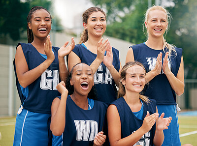Buy stock photo Netball, sports and applause with a woman team in celebration of a victory as a winner on a field outside. Fitness, health and teamwork with a female sport group cheering for a goal or success