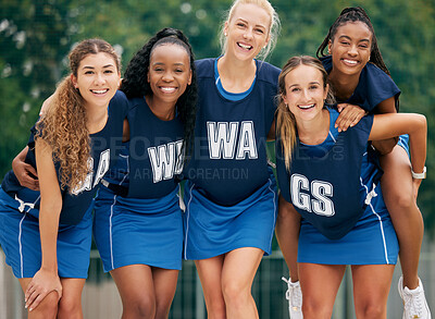 Buy stock photo Diversity, girl team and netball game motivation, conversation and happy for collaboration, embrace and plan to win. Teamwork, sports women and smile for success, match strategy and huddle together.