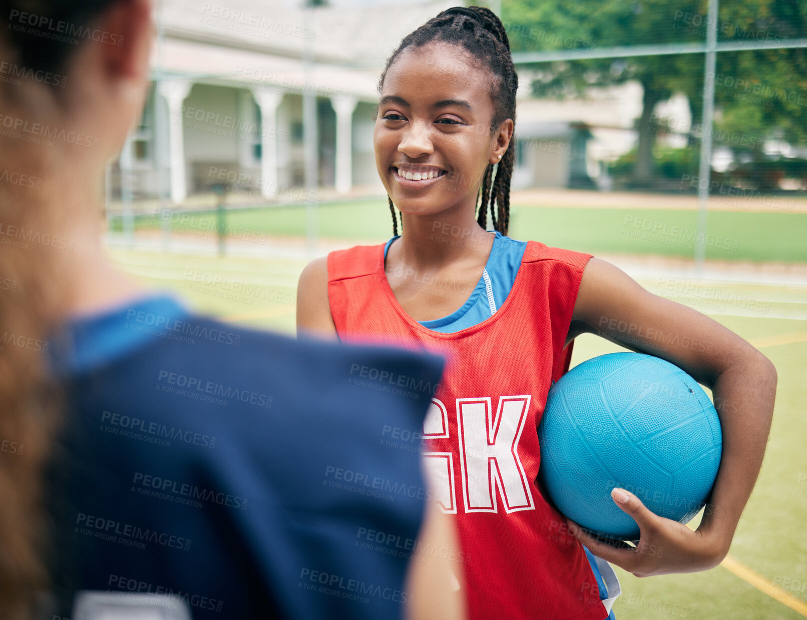 Buy stock photo Netball, sports and black woman team talking and smile for congratulations, thank you or welcome to the international game. Fitness, teamwork and collaboration women meeting with competition kindness