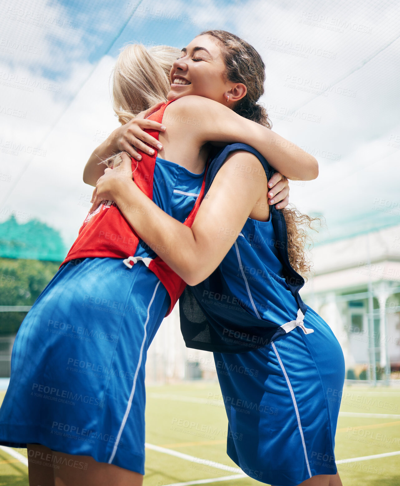Buy stock photo Women, hug or support for fitness game, exercise match or workout competition on netball court. Smile, happy or embrace sports friends, people or team and winner goals, motivation or training success