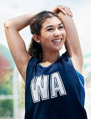Buy stock photo Woman, fitness and stretching arm for exercise, game and workout or netball game, match or competition challenge. Happy smile, warmup and sports athlete, student or player ready for training on court