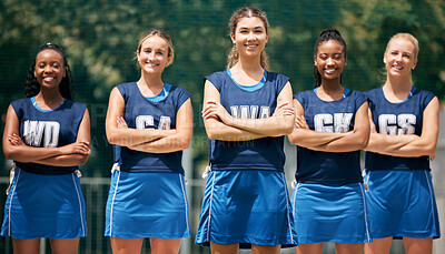 Buy stock photo Sport, fitness and girl netball team portrait on the court, teamwork and athlete exercise together outdoor. Sports motivation, workout and diversity, ready for game with healthy active lifestyle.