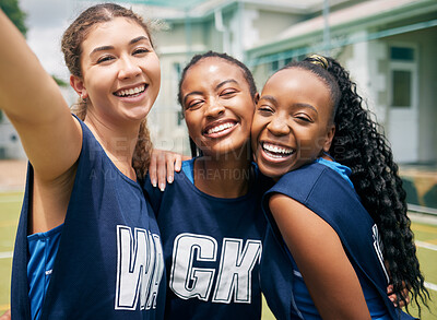 Buy stock photo Sports, team and girl netball selfie, hug with fitness and college or school club with outdoor portrait. Exercise, competitive sport and happy people, smile in picture and player training on court. 