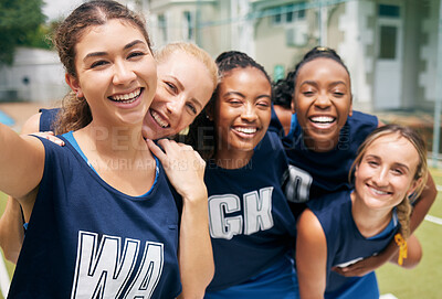 Buy stock photo Sports, netball team and selfie of women ready for game, match or competition on court outside. Fitness, smile or self portrait of players for happy memory or social media post online after training