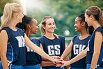 Netball team, hands and women sports motivation of athlete group showing happy teamwork support. Female exercise group with diversity and smile ready for a training match outdoor with happiness