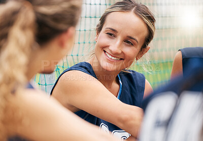 Buy stock photo Women, friends or bonding on fitness court in workout break, training exercise or netball game, match or competition. Happy smile, sports player students or winner strategy planning in team building