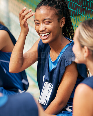 Buy stock photo Woman, laughing or bonding on sports court with netball community friends or people in diversity team building exercise. Happy smile, black person or athlete and fitness students in wellness training