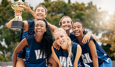 Buy stock photo Netball game, team sports and trophy winner in sport competition on court, collaboration for winning and teamwork for success in event. Women athlete celebrate prize and champion achievement together