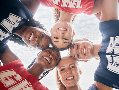 Buy stock photo Netball, sports and women in circle for trust, teamwork and strategy game planning with support, teamwork and motivation. Diversity, athlete girl group huddle together talking of competition mission