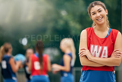 Buy stock photo Proud, sports and netball woman in portrait smile for success, training motivation and outdoor wellness challenge with team. Young, happy and healthy fitness teenager in game or competition on court