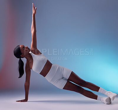 Buy stock photo Black woman, yoga fitness stretching and body wellness workout. Young athlete person, healthy lifestyle motivation and sports exercise muscle training for cardio on floor in blue background studio