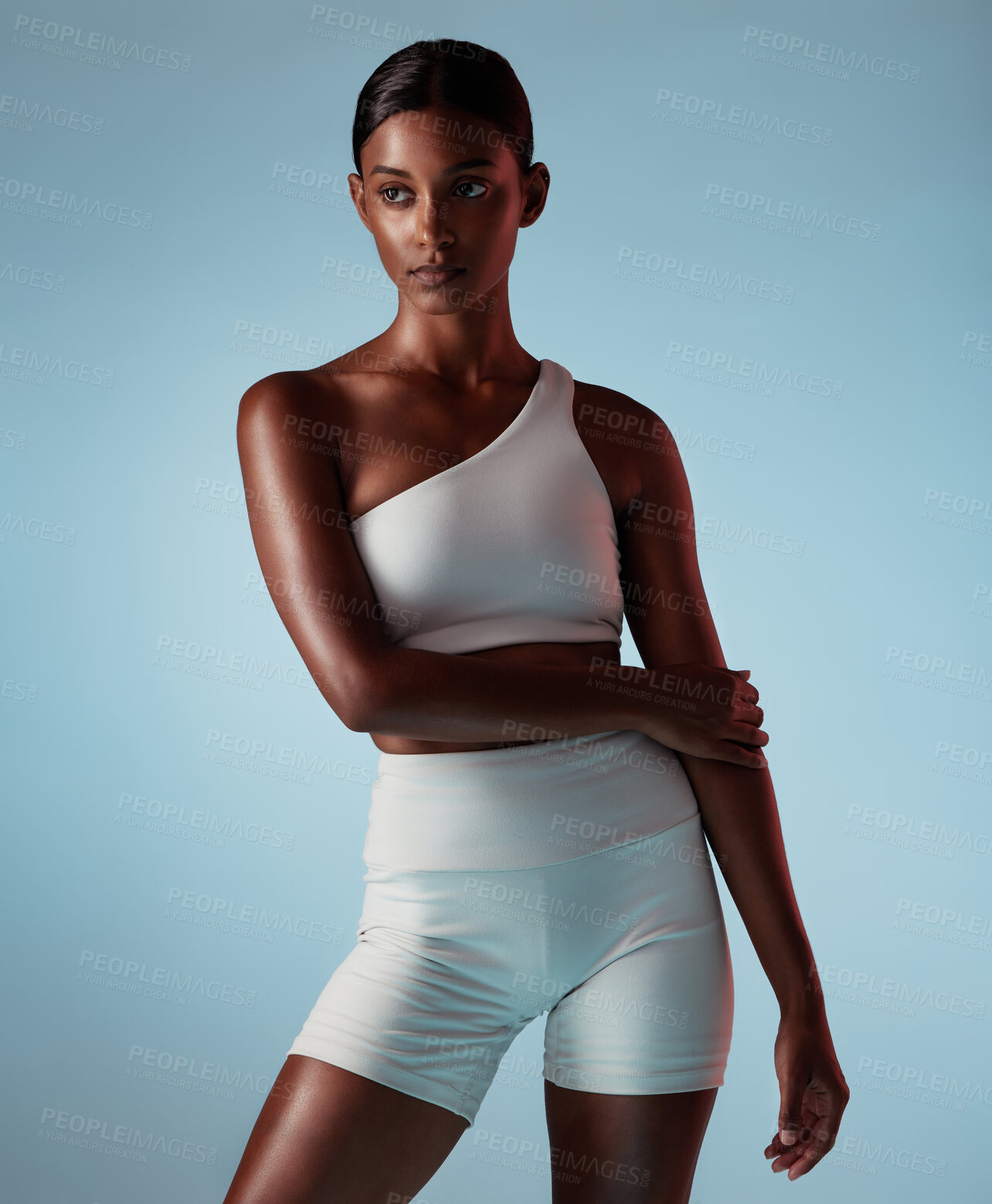 Buy stock photo Fitness, fashion and body of black woman in studio blue mock up for sports clothes advertising or marketing. Young athlete model or girl with healthy, wellness and exercise wellness lifestyle mockup
