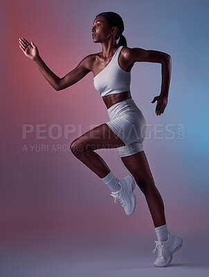 Buy stock photo Black woman, runner and exercise for health, wellness and workout with studio background. Female athlete, healthy trainer or focus for body warm up, running or training for cardio, fitness or balance