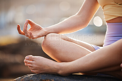 Buy stock photo Woman, hands and yoga in meditation for wellness, exercise or workout for healthy wellbeing in the outdoors. Female hand in fitness, spiritual training and meditating for mind, body and awareness