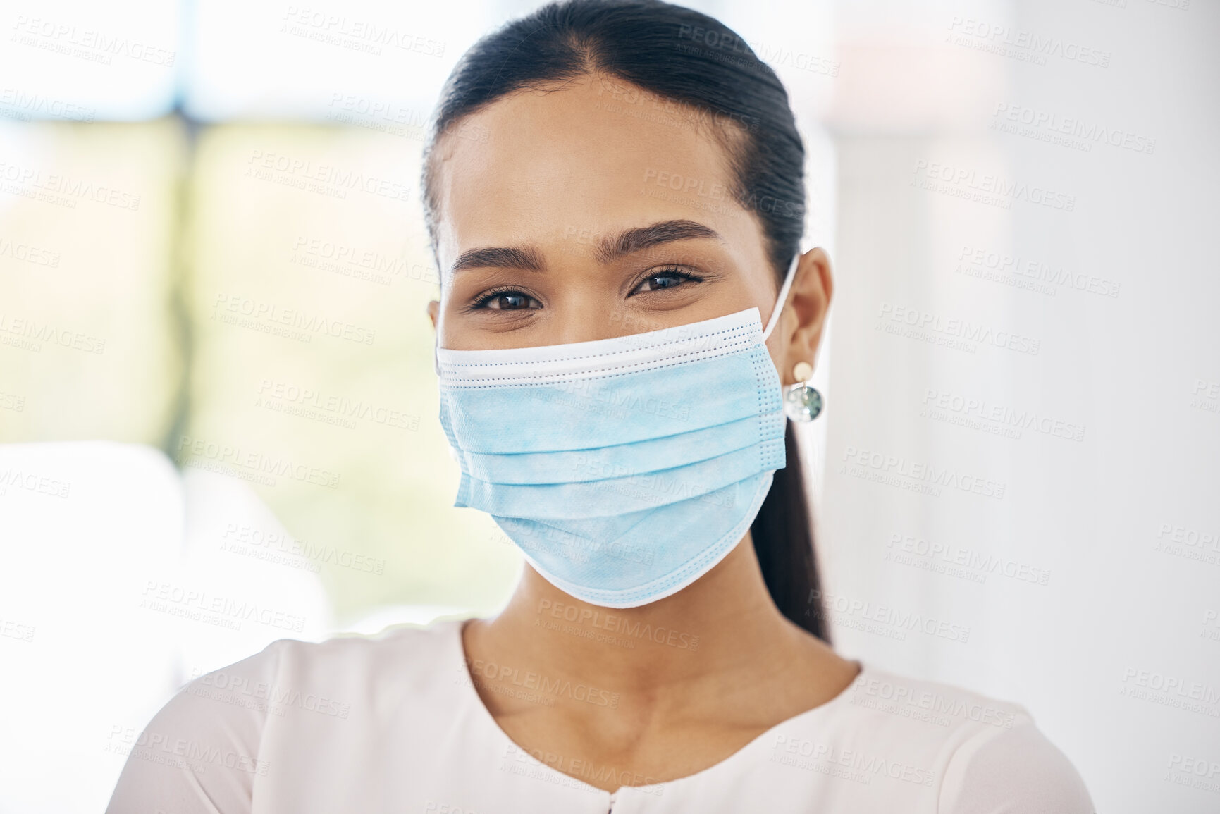 Buy stock photo Woman, covid and mask, health and safety portrait, follow healthcare rules and regulations for protection. Young Latino person, protect against disease to be healthy, pandemic and covid 19 mockup. 