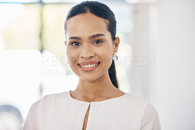 Buy stock photo Face, portrait and smile with a black woman in business standing in her office alone at work with a positive mindset. Success, happy and motivation with a female employee working with a future vision