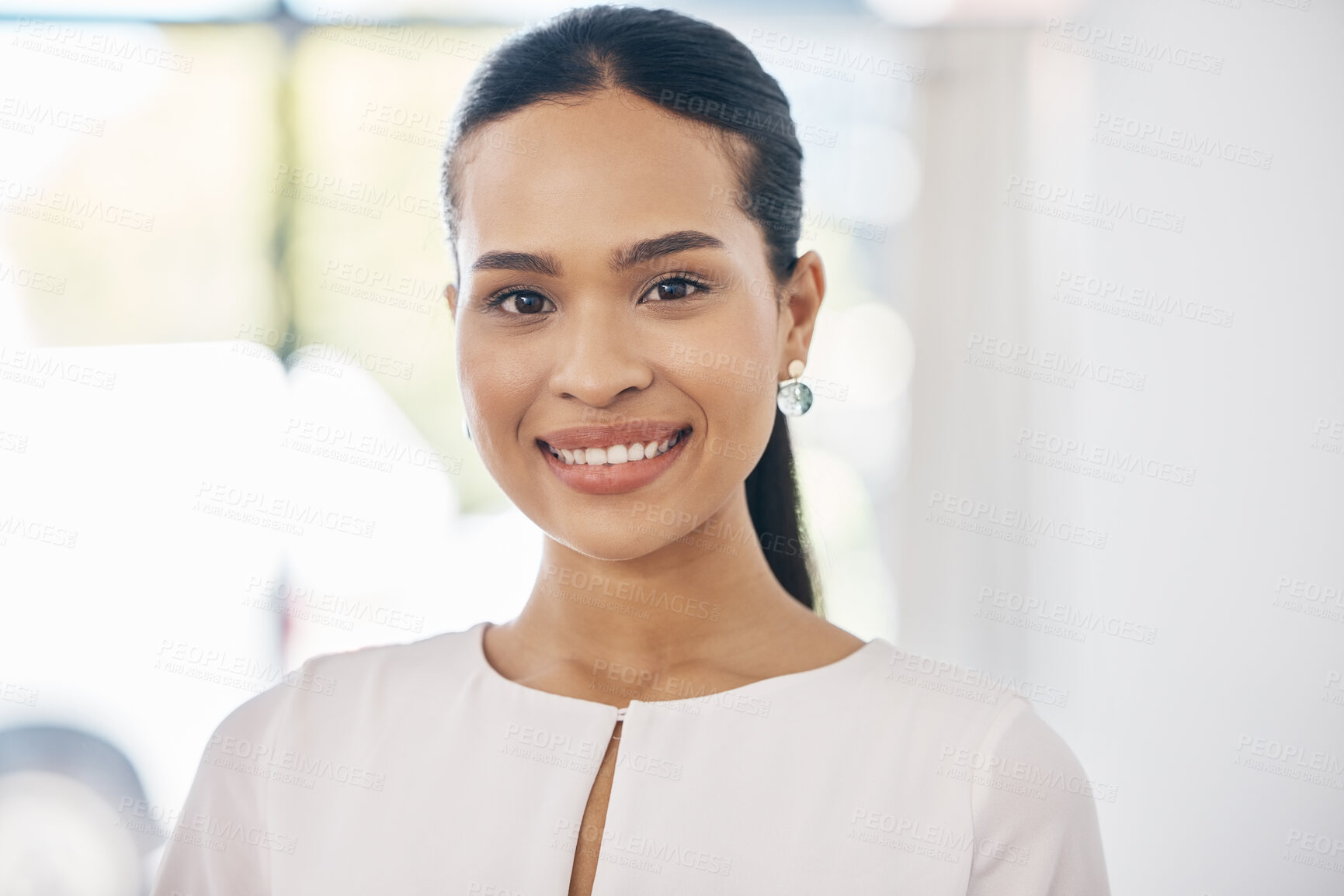 Buy stock photo Face, portrait and smile with a black woman in business standing in her office alone at work with a positive mindset. Success, happy and motivation with a female employee working with a future vision