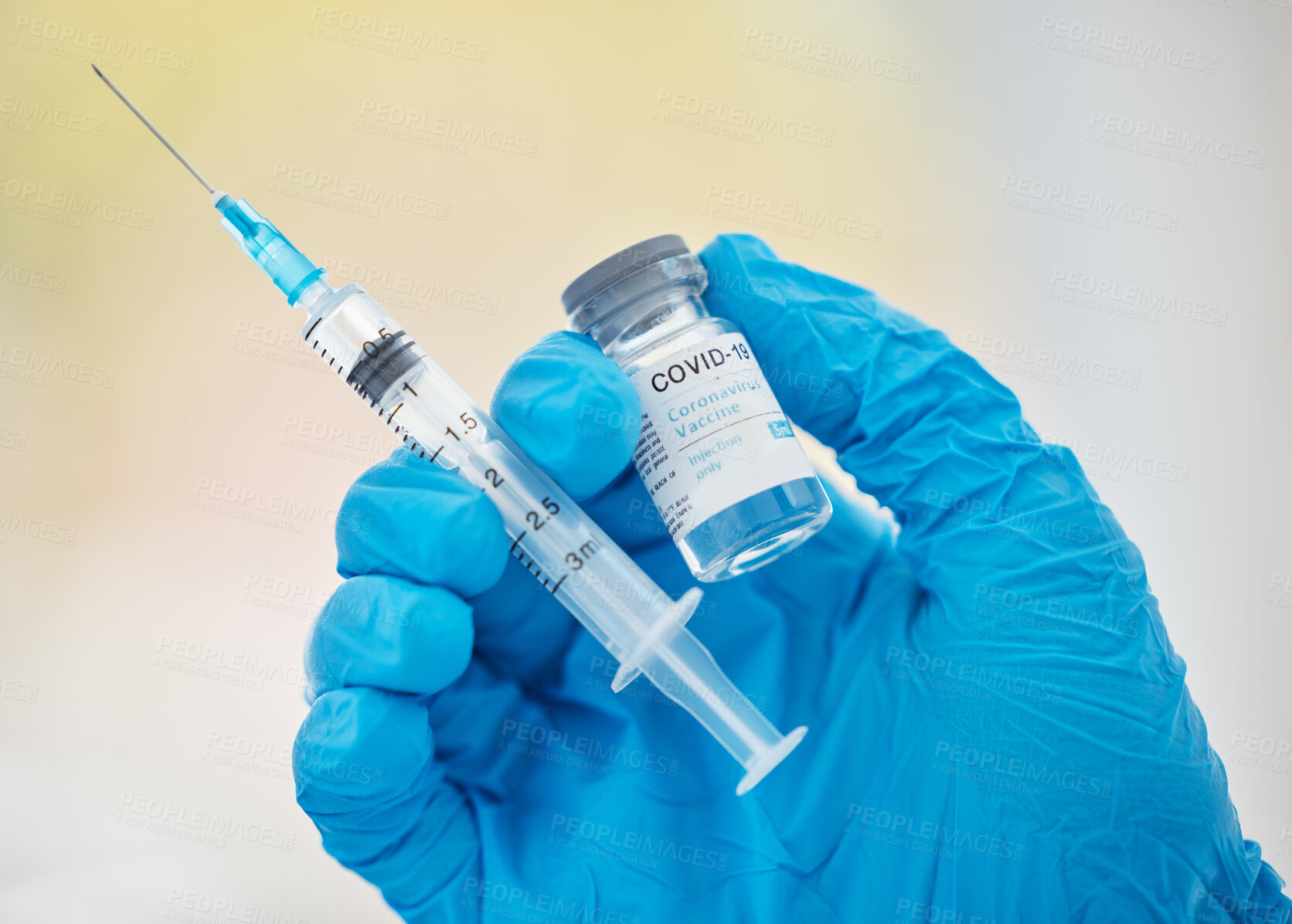 Buy stock photo Covid, vaccine in hand and syringe, health and safety against disease close up, medical professional with glove in clinic. Covid 19, virus and protect, healthcare and medicine, immunity from corona.