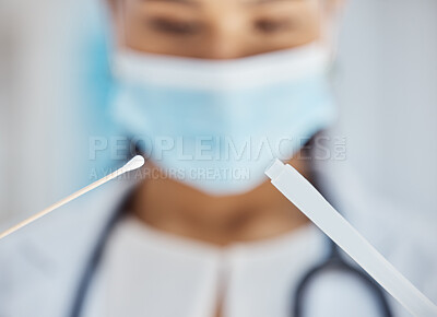 Buy stock photo Covid, health and medical test with swab for nose or throat, doctor and mask for safety at hospital, infection and disease in healthcare. Medicine in clinic, virus and protection during pandemic.