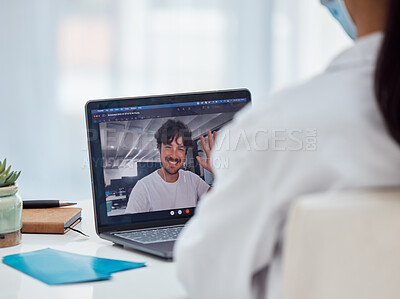 Buy stock photo Video call, covid telehealth and patient on laptop screen with doctor in healthcare consultation, virtual support or advice. Zoom call, pc technology and medical worker consulting man in corona virus