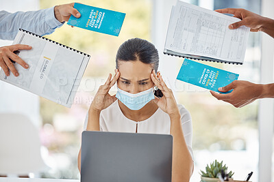 Buy stock photo Stress, covid and business woman with paperwork in hands, laptop and document information for global company kpi review. Headache, burnout and covid 19 policy or compliance of Human Resources manager