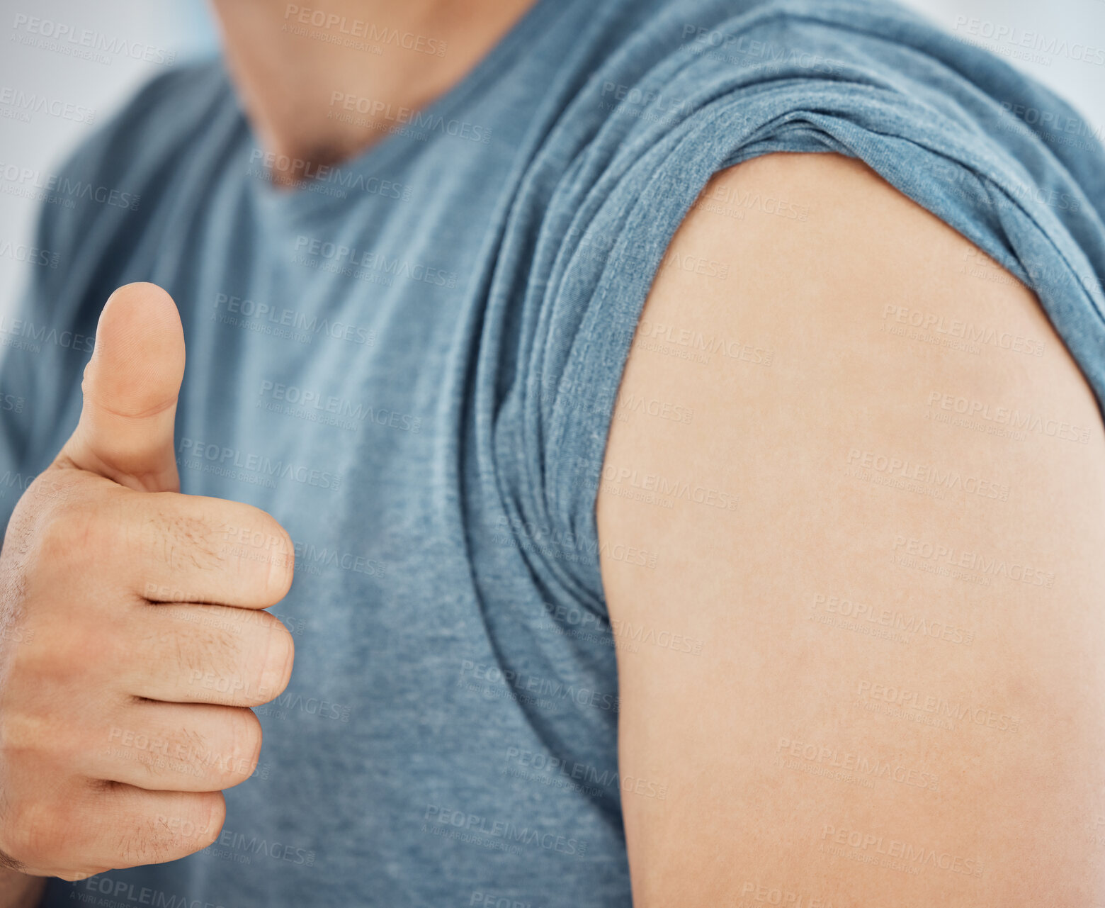 Buy stock photo Vaccine, thumbs up or show shoulder for covid safety, immunization or prevention for illness. Closeup, vaccination or hand gesture for positive reaction, injection against corona or ready for booster