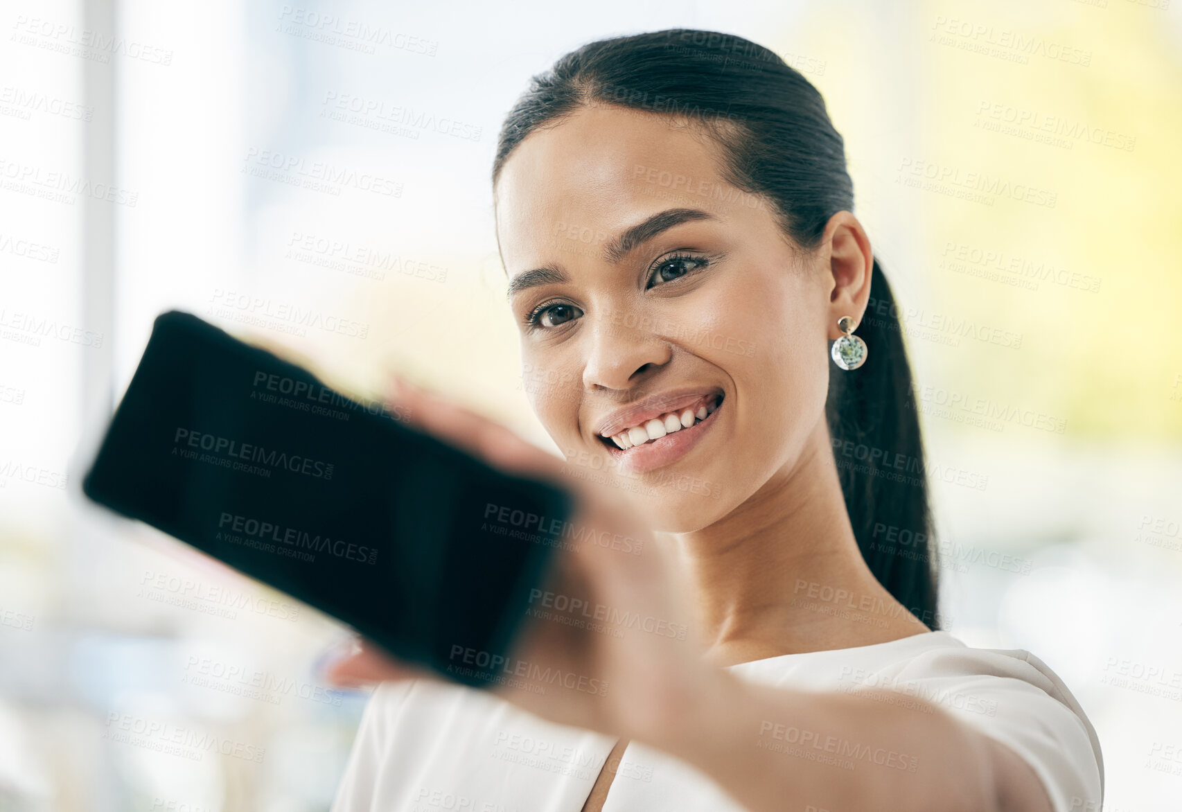 Buy stock photo Smile, selfie and woman holding phone for social media profile picture of face, beauty and freedom mindset. Happiness of a young female gen z influencer with smartphone for blog content on mobile app