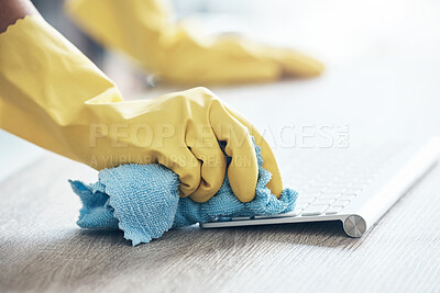 Buy stock photo Cleaning service, keyboard computer and hands with cloth for office policy, compliance and covid healthcare in workspace. Modern office desk, workplace and cleaner clean dust or bacteria from desktop