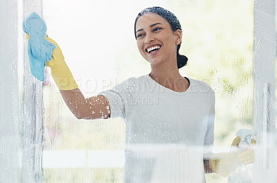 Buy stock photo Cleaning, glass and shower door with woman in bathroom for hygiene, bacteria and sanitize. Smile, service and washing with girl and cleaner product at home for housekeeping, germs and disinfection