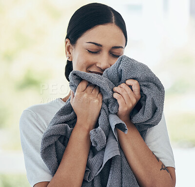 Buy stock photo Clean laundry, happy woman and smelling towel, fresh scent and fabric, washing and linen textile at home. Young smile person, housekeeping service and domestic cleaning lifestyle
