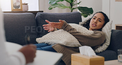 Buy stock photo Woman on sofa consulting psychologist for mental health therapy, anxiety and depression in clinic medical office. Depressed, sad and patient talking of problems to therapist for psychology counseling