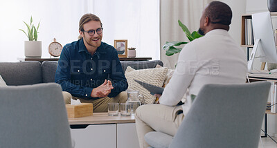 Buy stock photo Black man, talking psychologist and patient on mental health support sofa, anxiety consulting or depression counseling. Smile, happy and trust in psychology counselling therapy or rehabilitation help