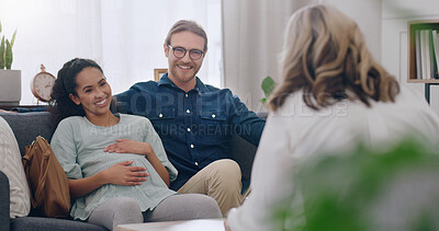 Buy stock photo Pregnant, happy and couple in counseling with a psychologist consulting, listening and helping. Communication, pregnancy and healthy woman talking to a marriage therapist with partner for support 