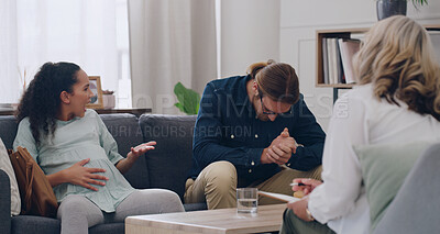 Buy stock photo Pregnant woman, man and fight with psychologist, counseling and mental health argue about problem. Couple, stress in support therapy in psychology office to discuss mistake, fail and marriage divorce