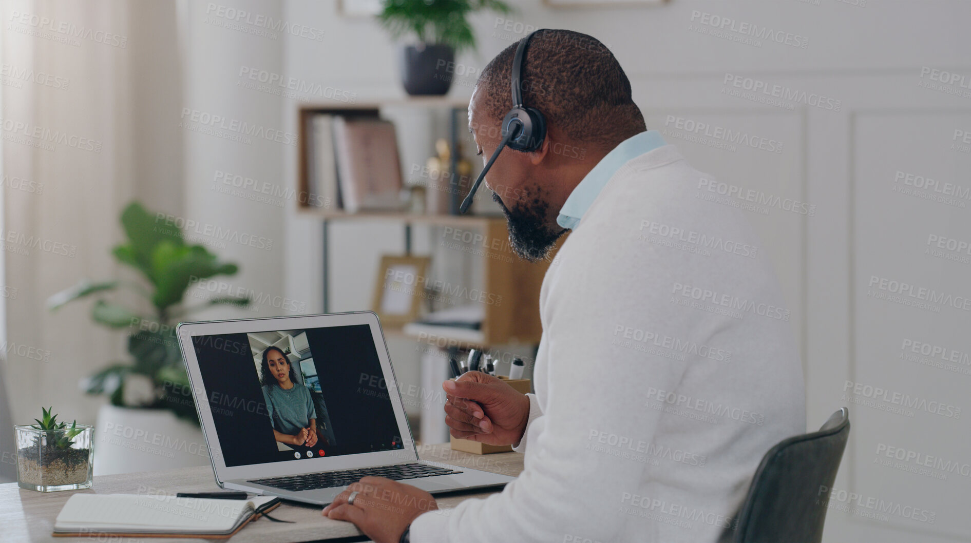 Buy stock photo Video call, work from home and business people with laptop screen for virtual meeting, communication and collaboration at office desk. Global employee or b2b clients talking in a webinar zoom call