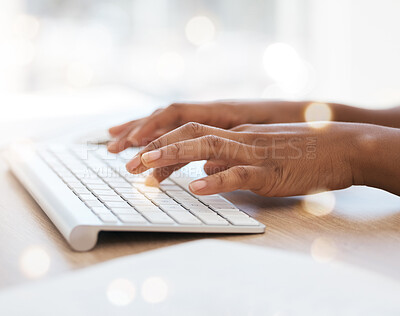 Buy stock photo Keyboard, hands typing and writer with research for website copywriting, blog ideas or inspiration for newsletter on bokeh. Desktop computer or office desk worker with online email marketing strategy