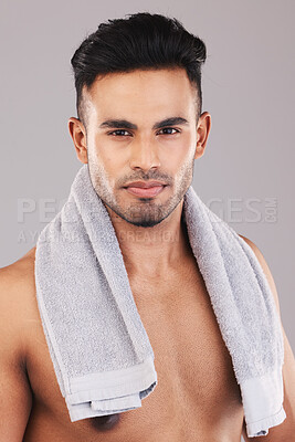Buy stock photo Grooming, clean with towel and hygiene, man in beauty portrait, skin and face care with studio background. Shaving, skincare and wellness, cleaning and healthy glow for body and cosmetics.