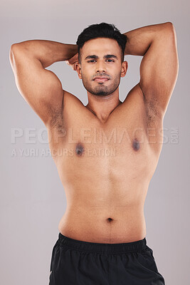 Buy stock photo Fitness, muscle and sport man showing body after exercise, training and workout for health, wellness and power. Portrait of indian bodybuilder male model with motivation for fit and healthy lifestyle